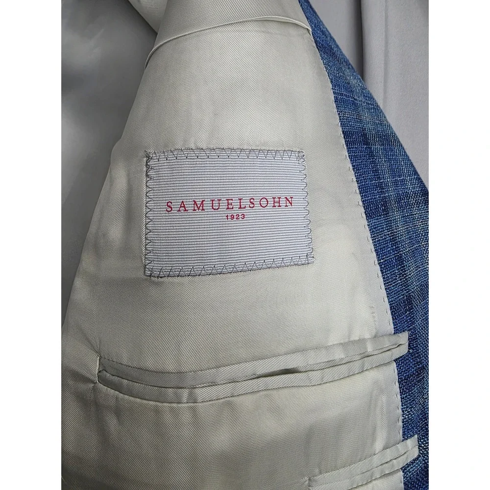 Samuelsohn Mens 50 Long Blue Plaid Wool Silk Linen Sport Coat Carlo Barbera